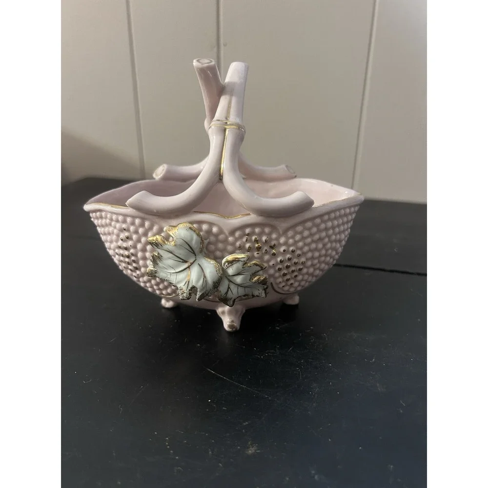 Vintage L&M Lipper & Mann Pink Porcelain Basket Floral Gold Trim Handled Decor